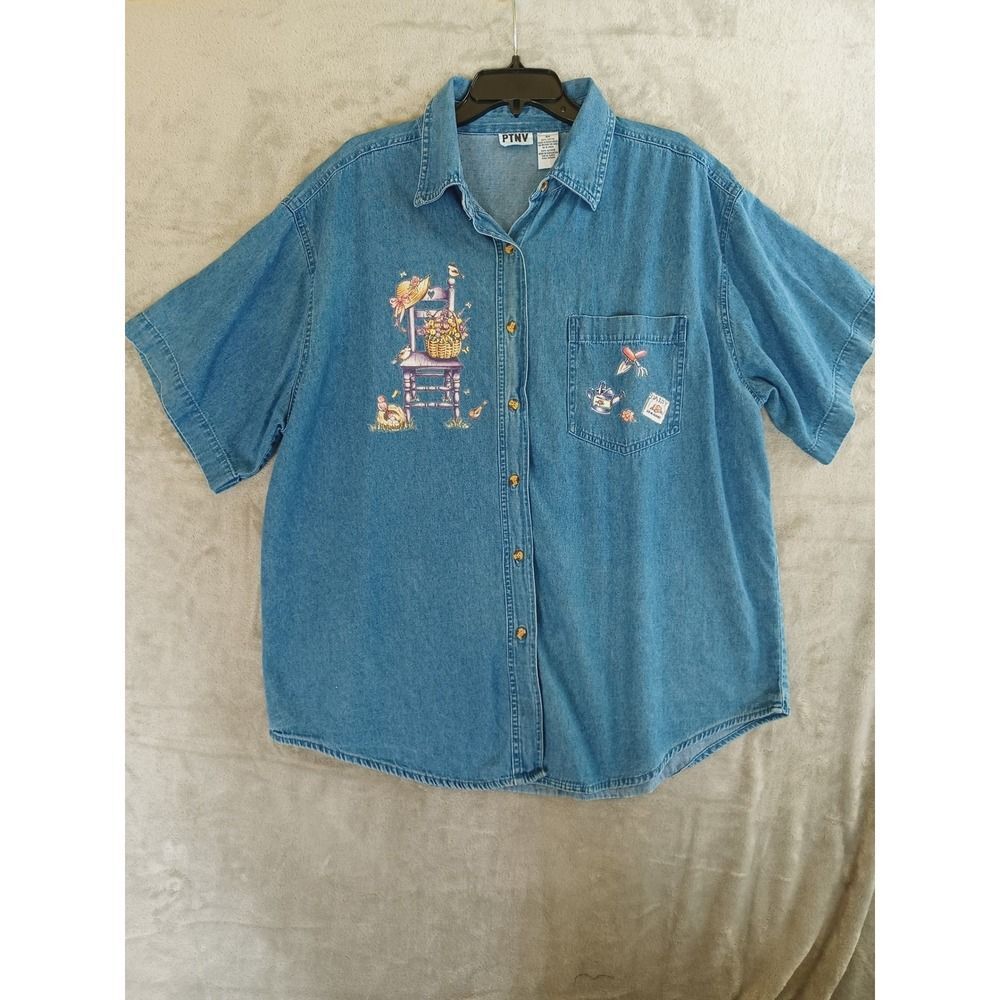 Ptny Denim Shirt 3X‎ Bird Floral Garden Artsy Short Sleeve Cottagecore Applique - Picture 2 of 10